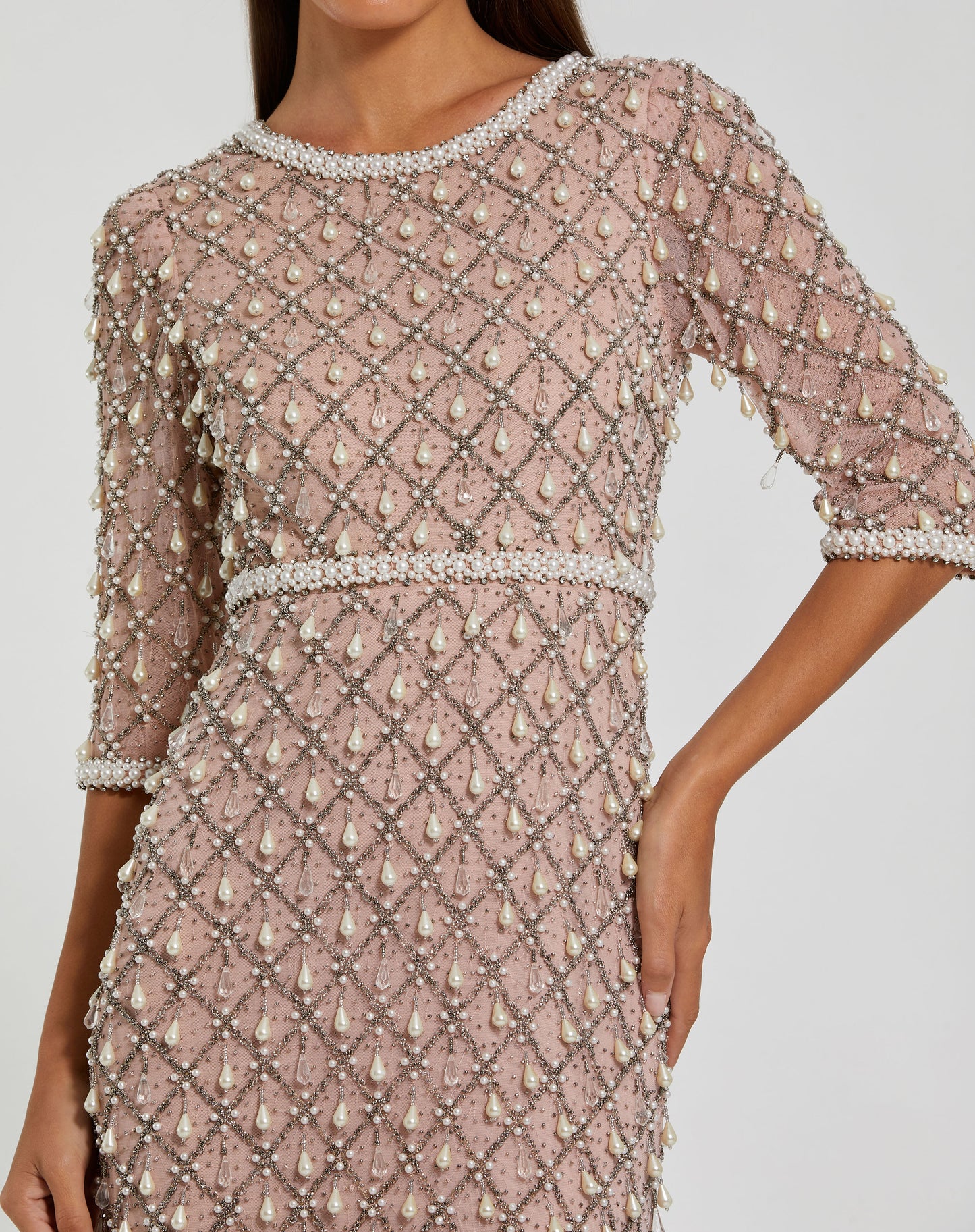 Luxurious Pearl Embellished 3/4 Sleeve Gown