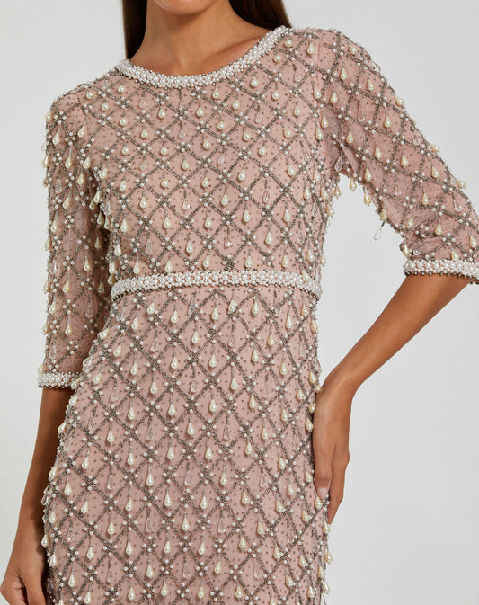 Luxurious Pearl Embellished 3/4 Sleeve Gown