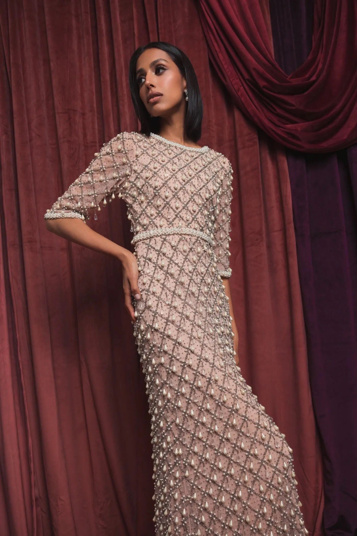 Luxurious Pearl Embellished 3/4 Sleeve Gown