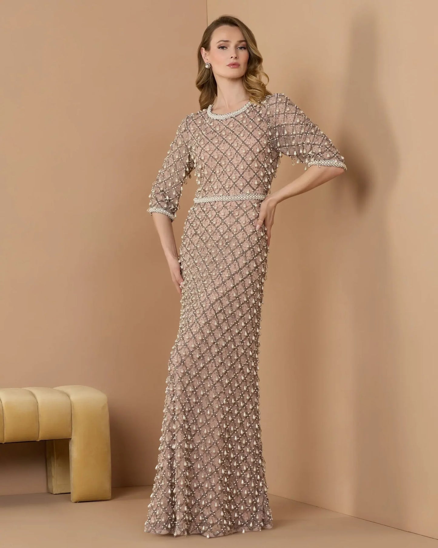 Luxurious Pearl Embellished 3/4 Sleeve Gown