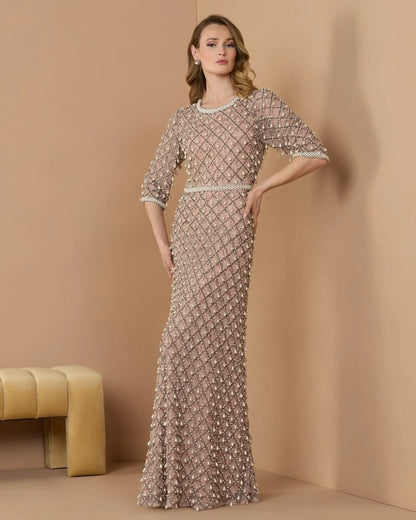 Luxurious Pearl Embellished 3/4 Sleeve Gown
