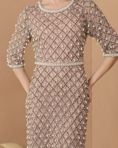 Luxurious Pearl Embellished 3/4 Sleeve Gown