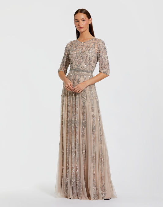 Luxurious 3/4 Sleeve Embellished A-line Gown
