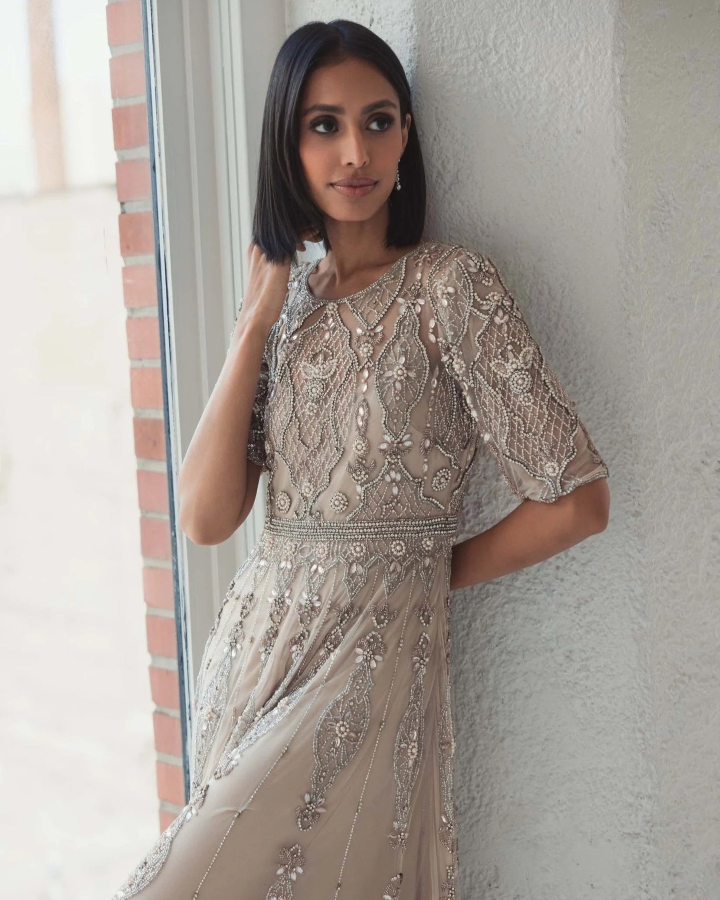 Luxurious 3/4 Sleeve Embellished A-line Gown