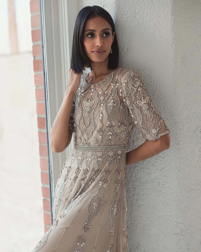 Luxurious 3/4 Sleeve Embellished A-line Gown