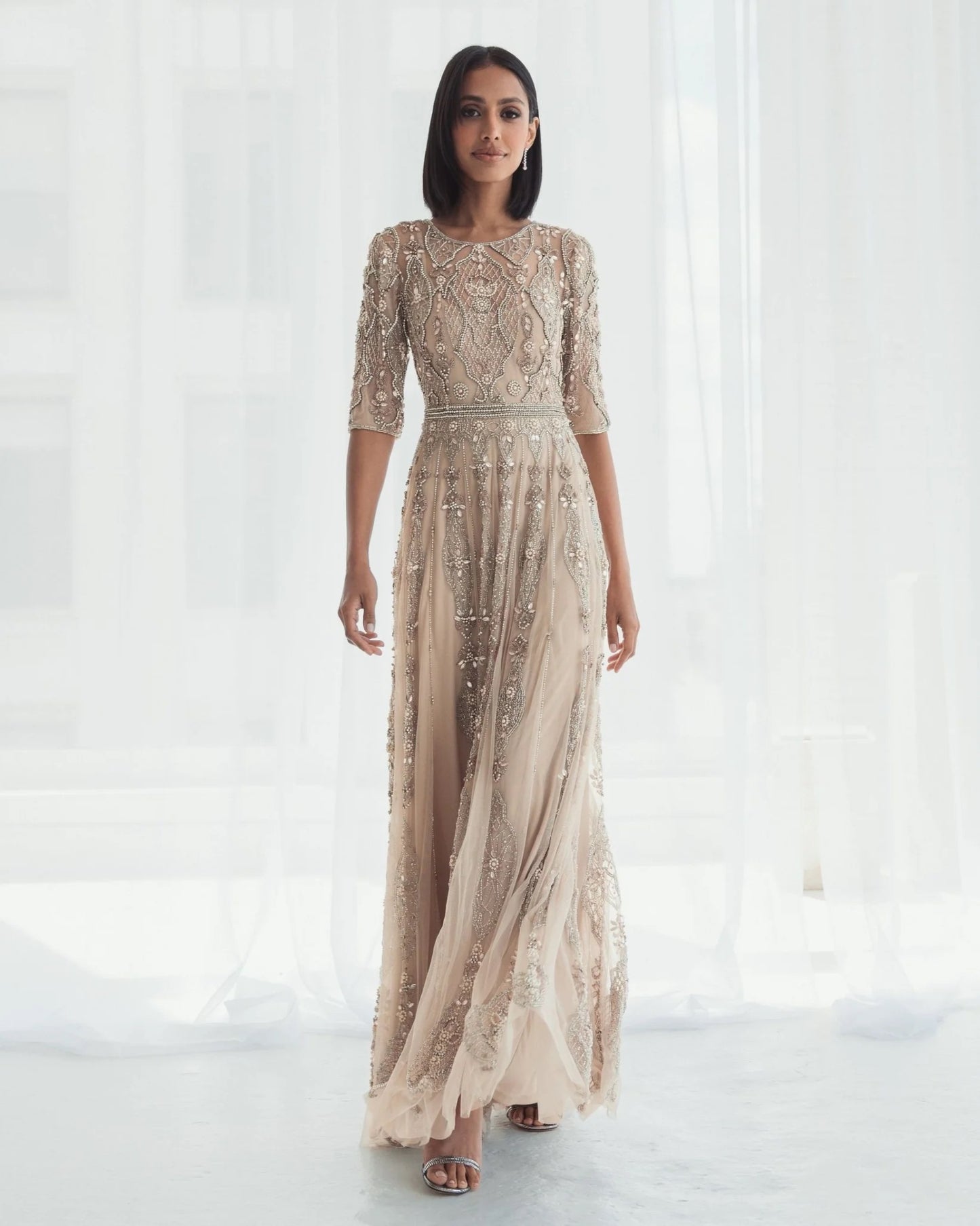 Luxurious 3/4 Sleeve Embellished A-line Gown