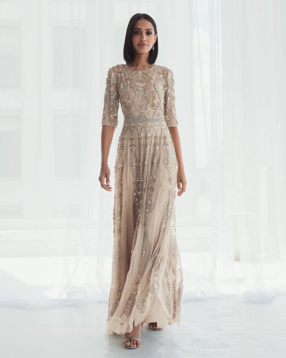 Luxurious 3/4 Sleeve Embellished A-line Gown
