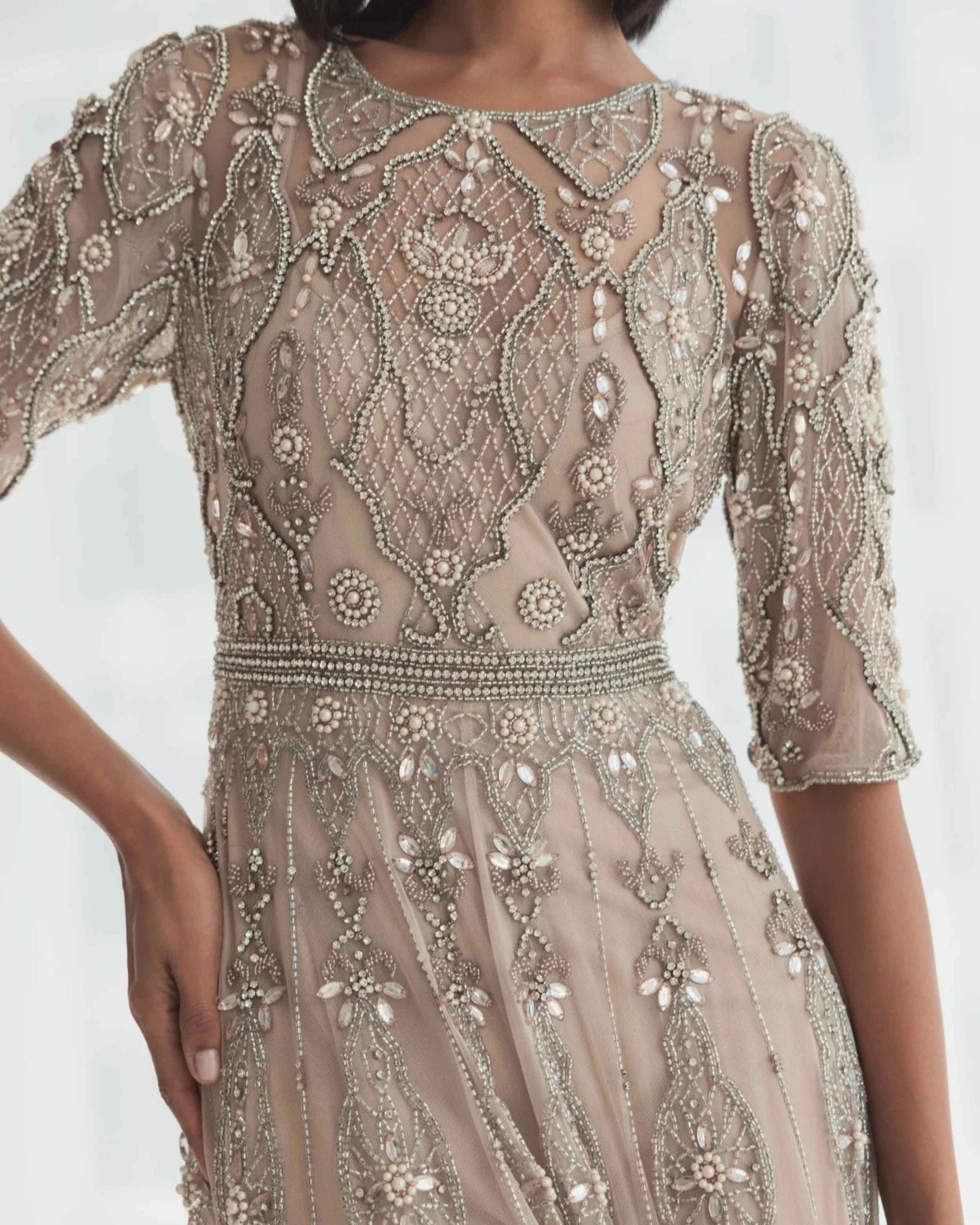 Luxurious 3/4 Sleeve Embellished A-line Gown