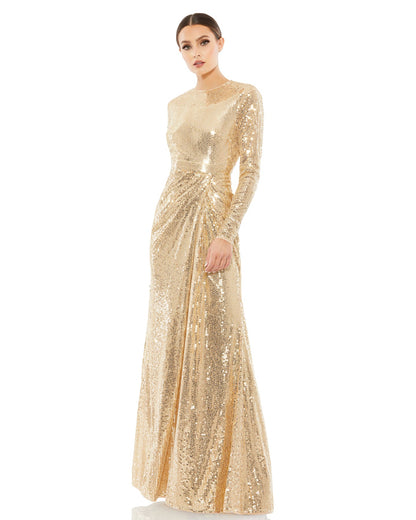 Bring on the shine! This hand-sequined gown is a fashion-forward choice for any formal affair. With a high round neckline, long sleeves, and a floor-grazing skirt, this modest silhouette is accented by a draped skirt and inset waist detail. Sleeves featur