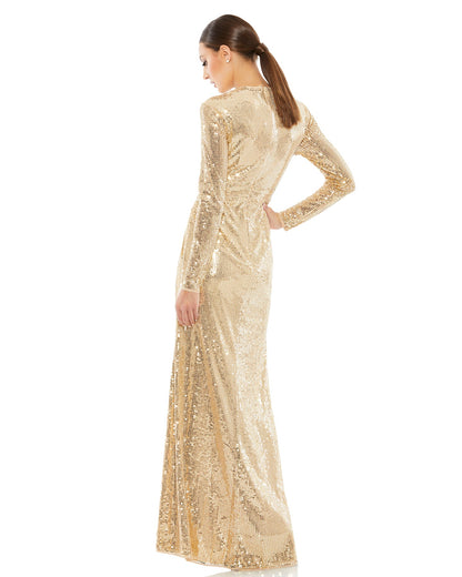 Bring on the shine! This hand-sequined gown is a fashion-forward choice for any formal affair. With a high round neckline, long sleeves, and a floor-grazing skirt, this modest silhouette is accented by a draped skirt and inset waist detail. Sleeves featur