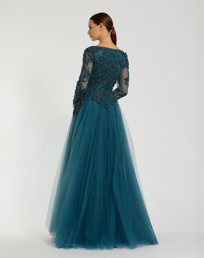 Long Sleeve Embellished Tulle Gown