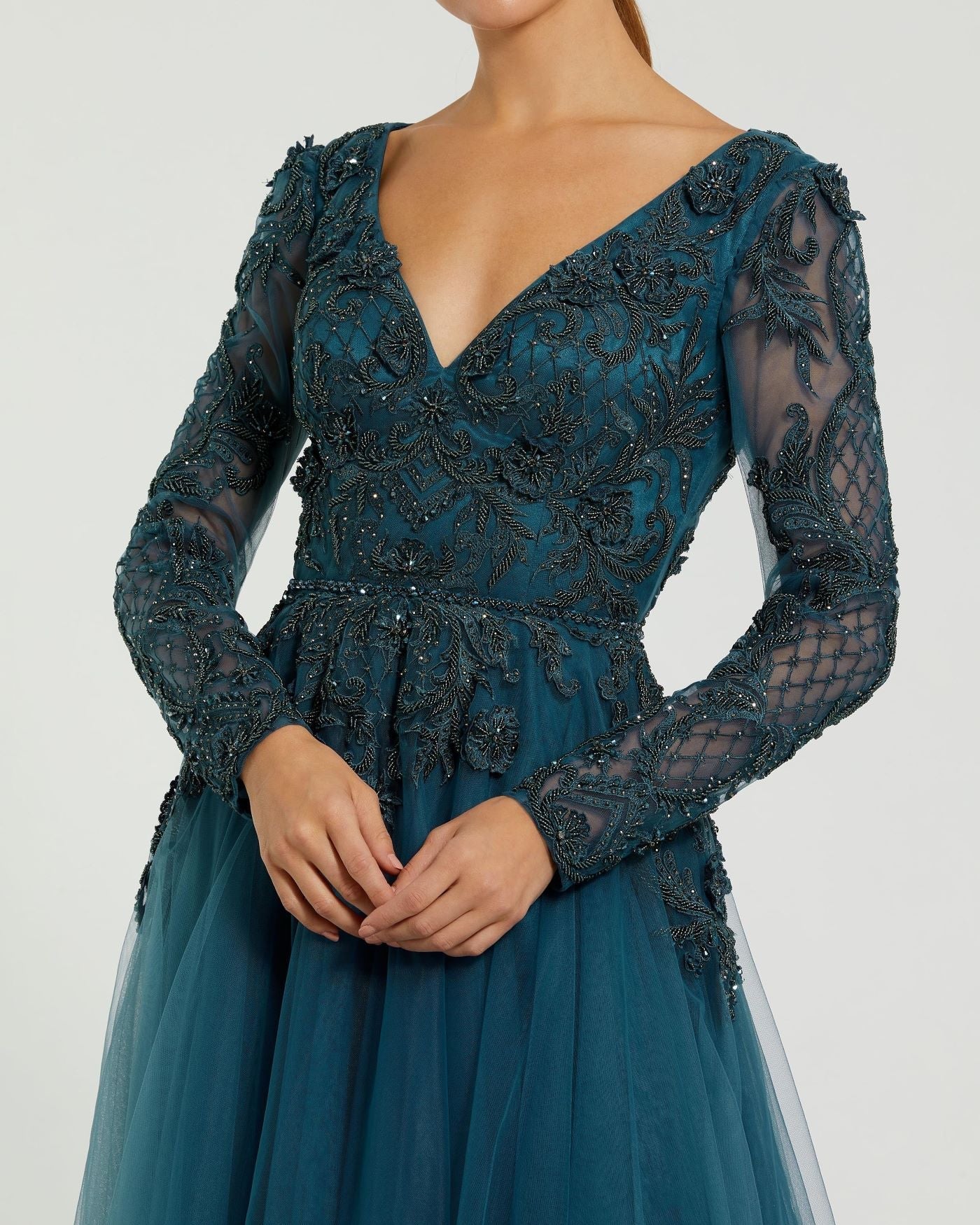 Long Sleeve Embellished Tulle Gown