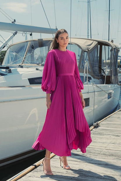 Long Sleeve Pleated Handkerchief Dress