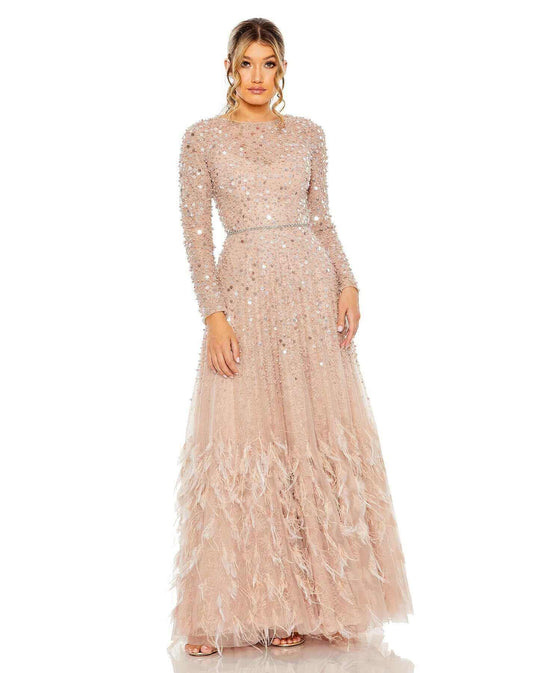 Mac Duggal Style#11782, Disc Embellished Sequin Gown With Feather Detail, A line,beaded,Bridal,Floor Length,long sleeve,Newest Arrivals,Sequin, $1995.00