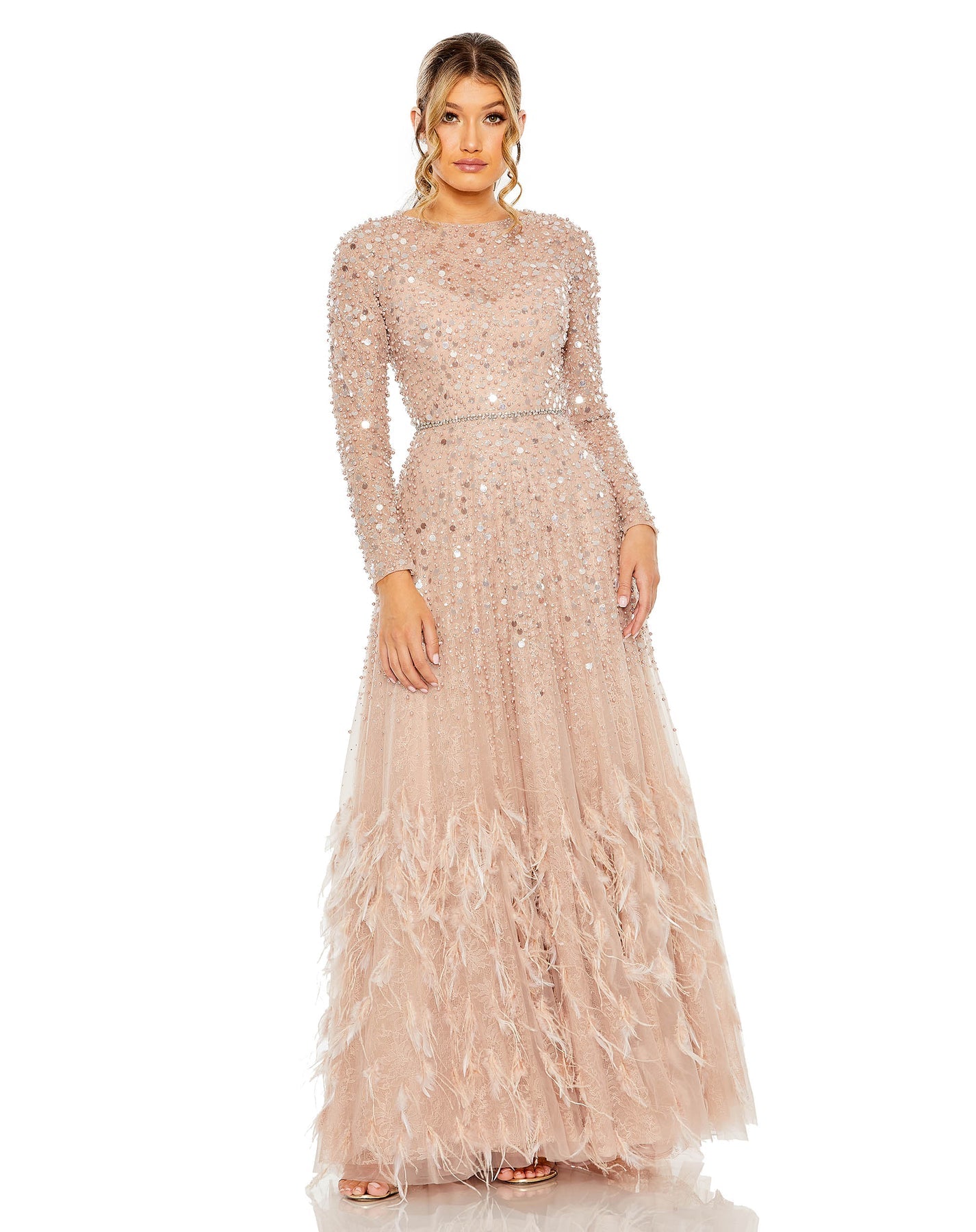 Disc Embellished Sequin Gown With Feather Detail