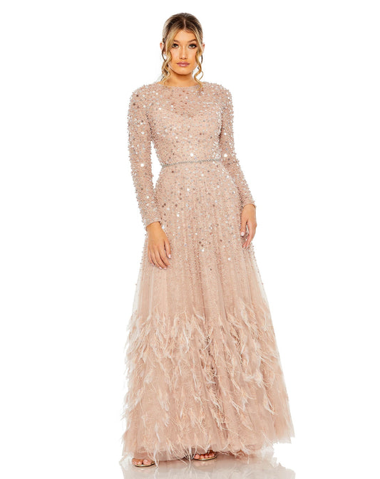 Disc Embellished Sequin Gown With Feather Detail