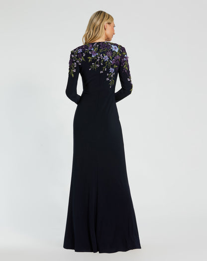 Embellished Long Sleeve Fitted Jersey Gown