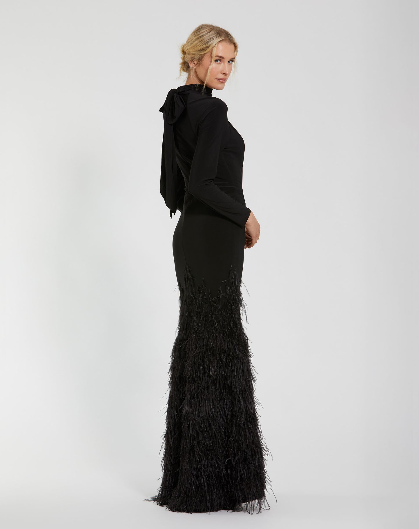 Jersey Long Sleeve High Neck Feather Gown