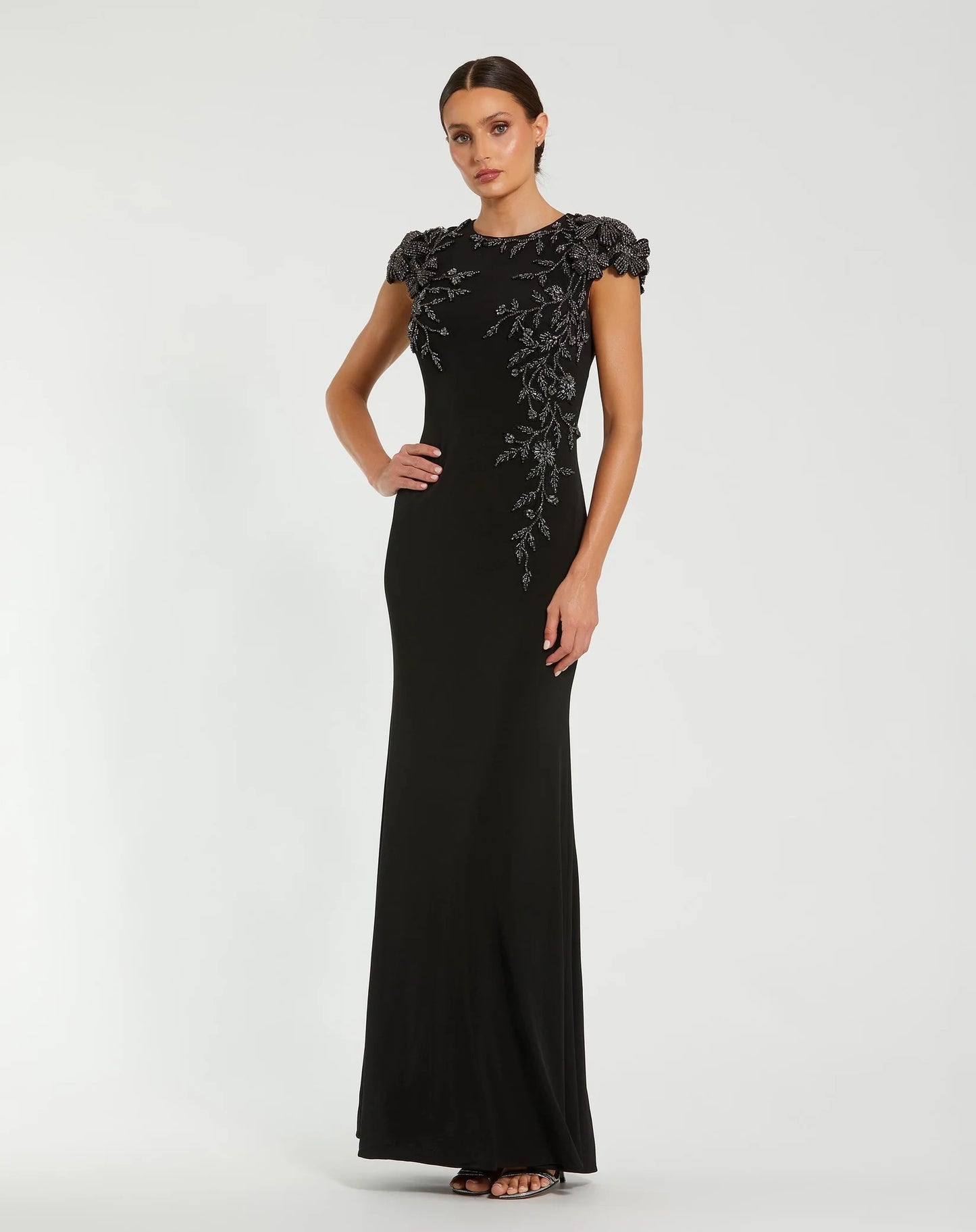 Black Cap Sleeve Jersey Column Gown With Beaded Flowers