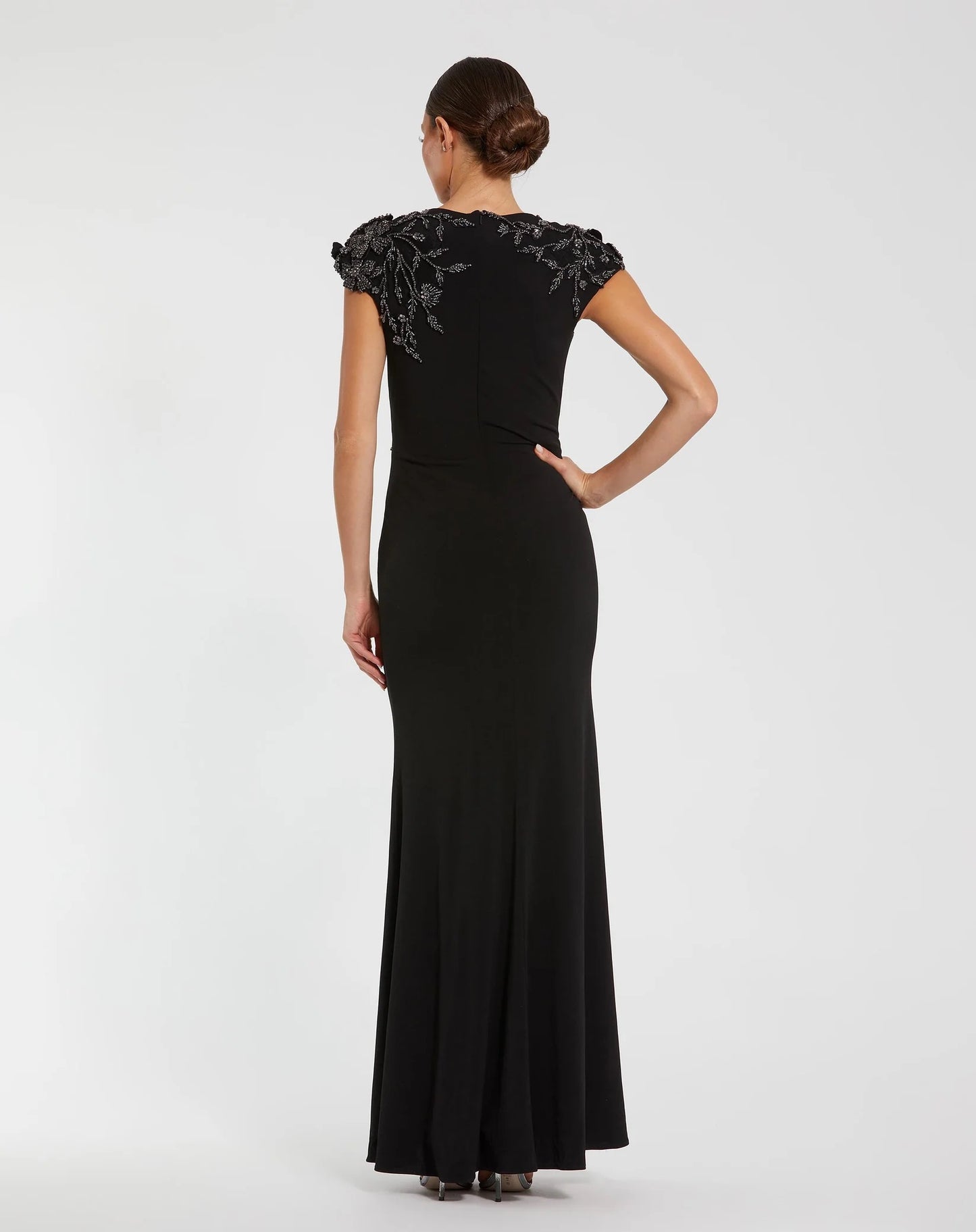 Black Cap Sleeve Jersey Column Gown With Beaded Flowers