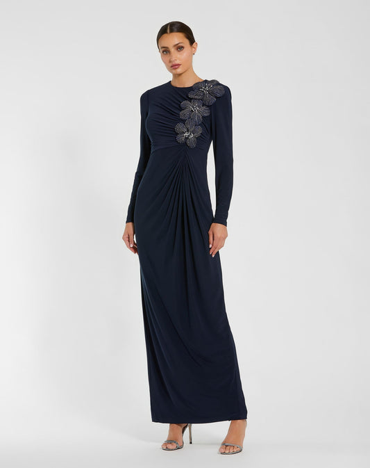 Jersey Long Sleeve Fitted Gown With 3D Flowers