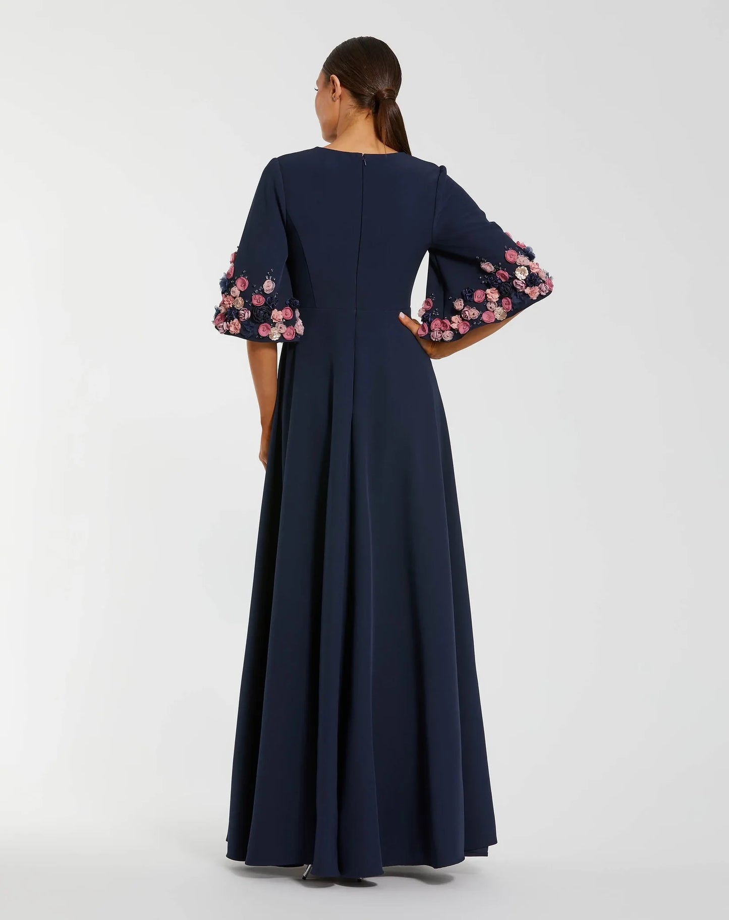 Stretch Satin 3/4 Sleeve Gown With Flower Trim