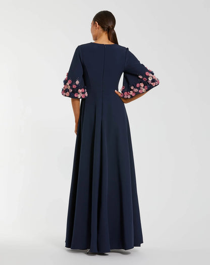Stretch Satin 3/4 Sleeve Gown With Flower Trim