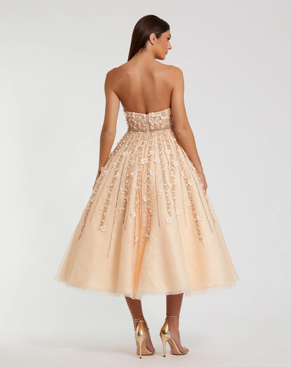 Embellished Lace Strapless Midi A Line Dress