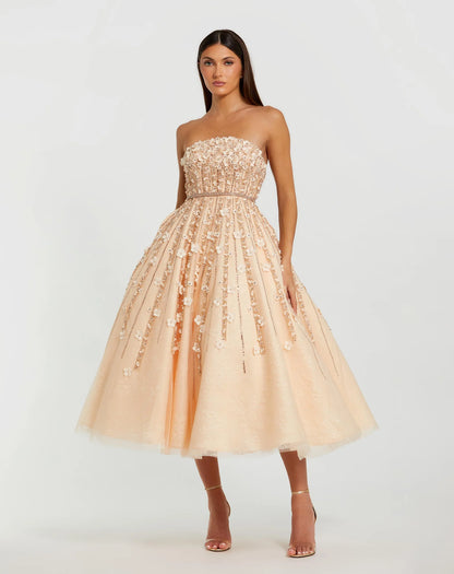 Embellished Lace Strapless Midi A Line Dress