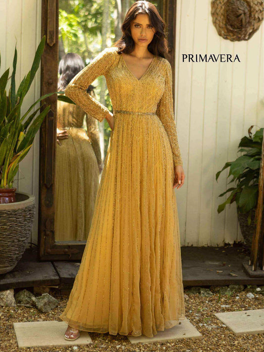 Primavera Style#12010, A-Line Beaded Long Sleeve Gown, A line,beaded,Floor Length,long sleeve,Sequin,Tulle, $850.00