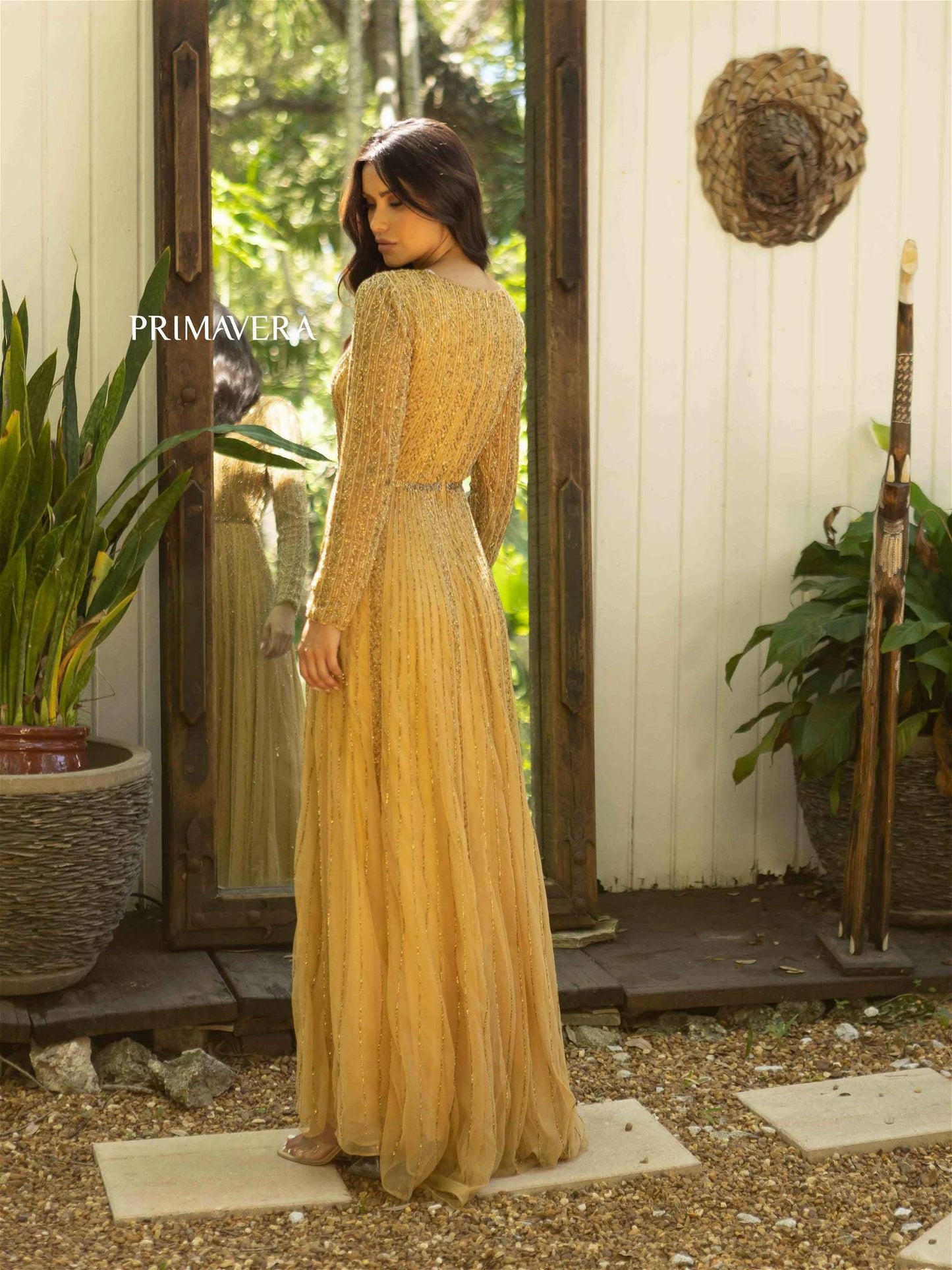 A-Line Beaded Long Sleeve Gown