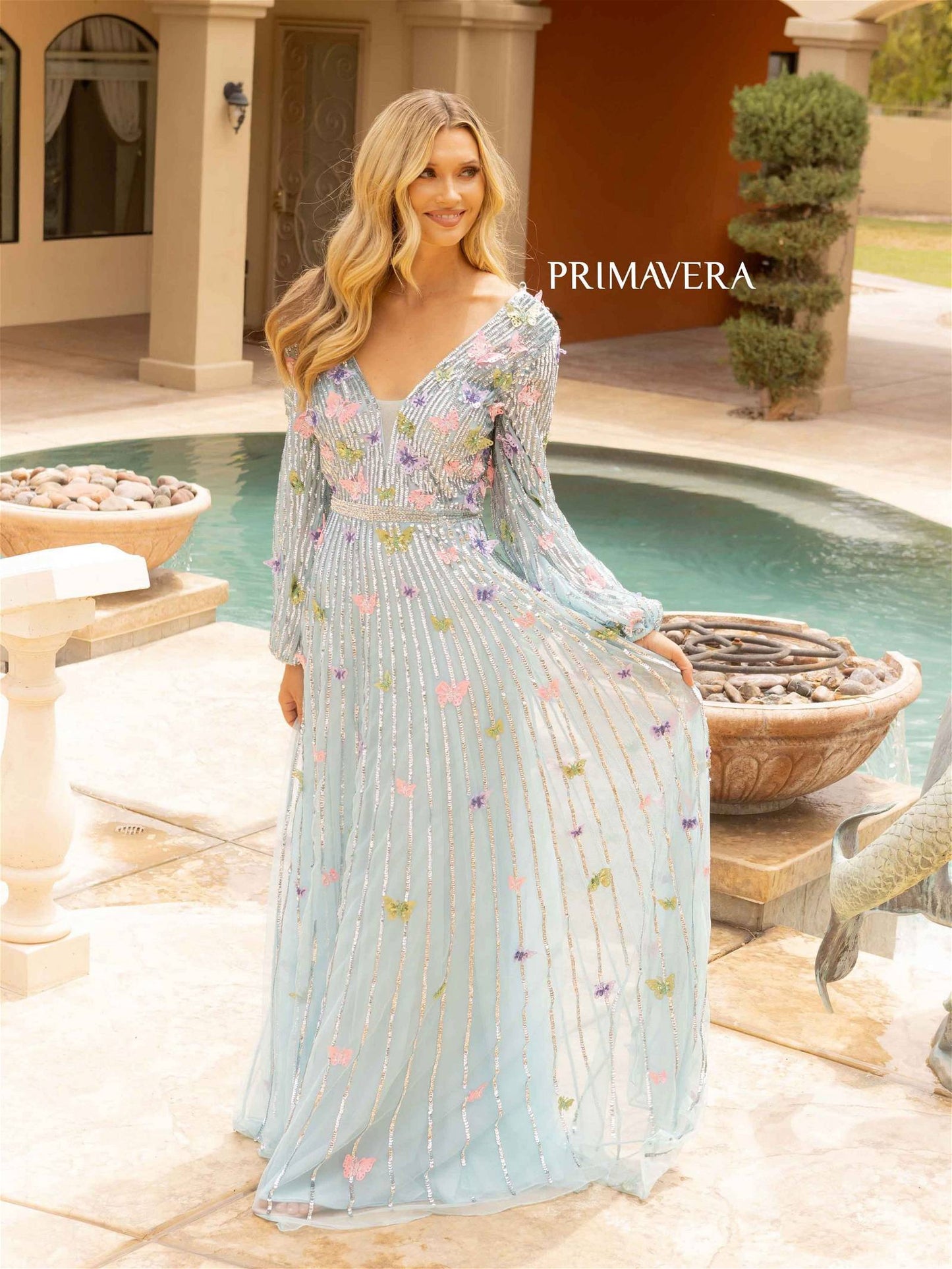 Butterfly A-Line Beaded Long Sleeve Gown