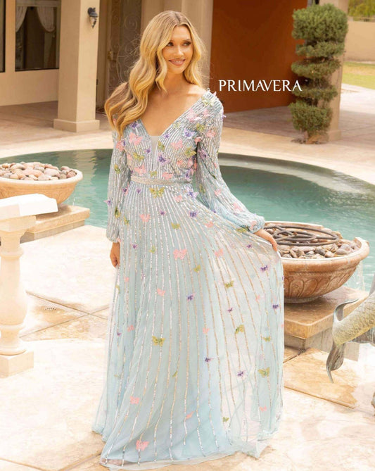 Primavera Style#12024, Butterfly A-Line Beaded Long Sleeve Gown, A line,beaded,Floor Length,long sleeve,Sequin,Tulle, $850.00