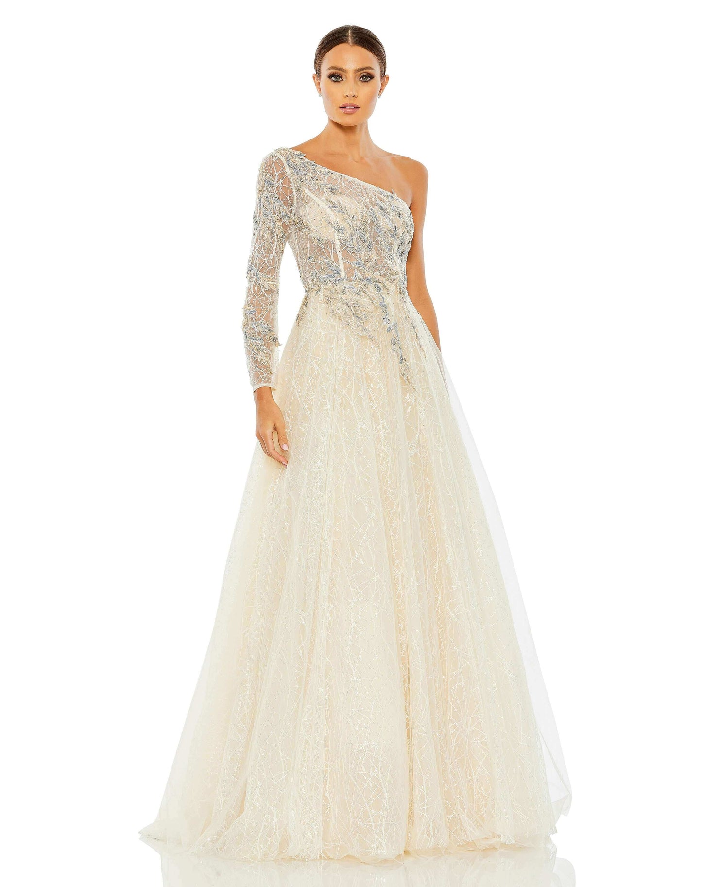 Mac Duggal Style#20232, Embroidered One Shoulder Bodice Ballgown, A line,Bridal,Embroidery,Floor Length,long sleeve,One Shoulder,SALE, $850.00