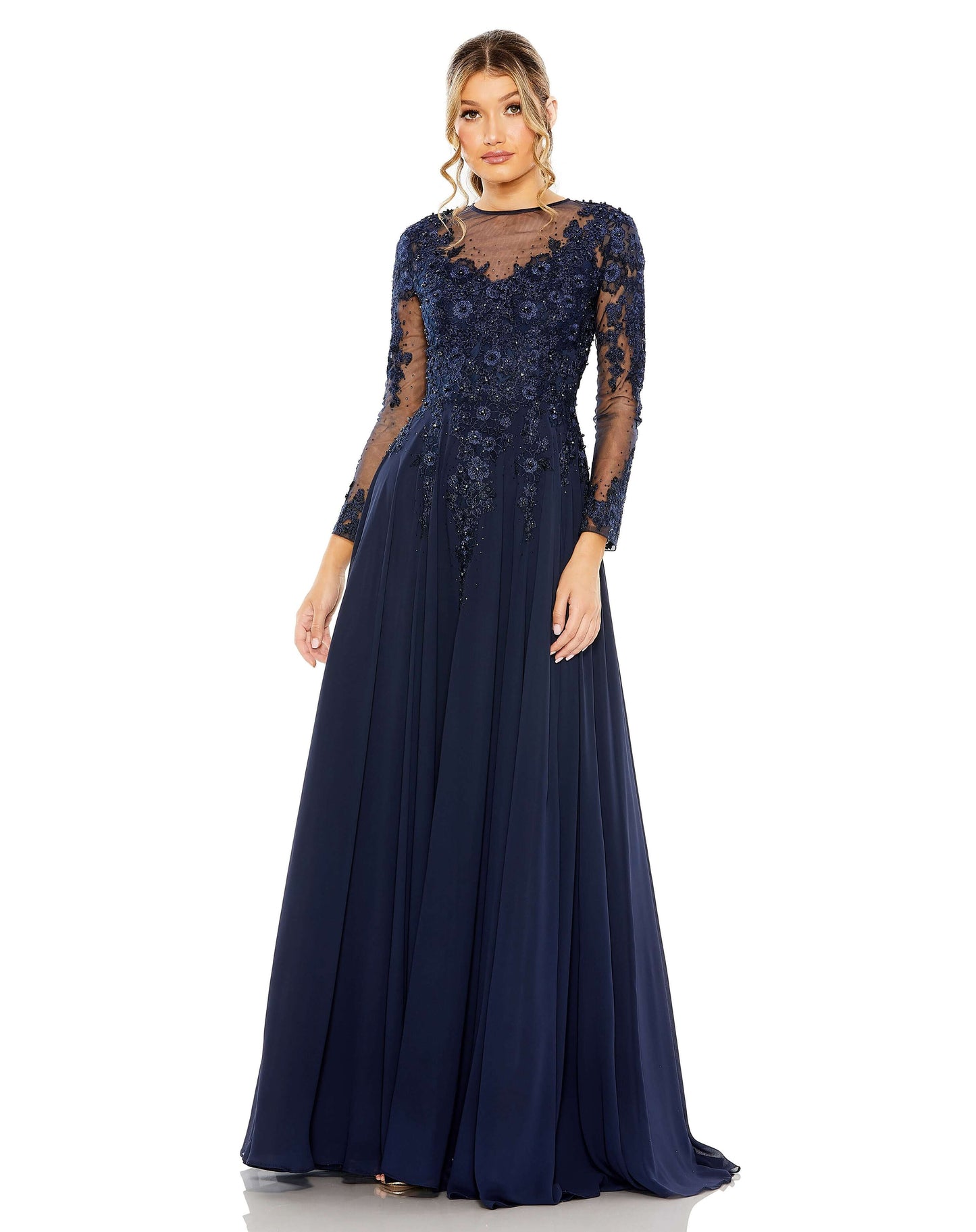 High Neck Mesh Long Sleeve Embellished A Line Gown