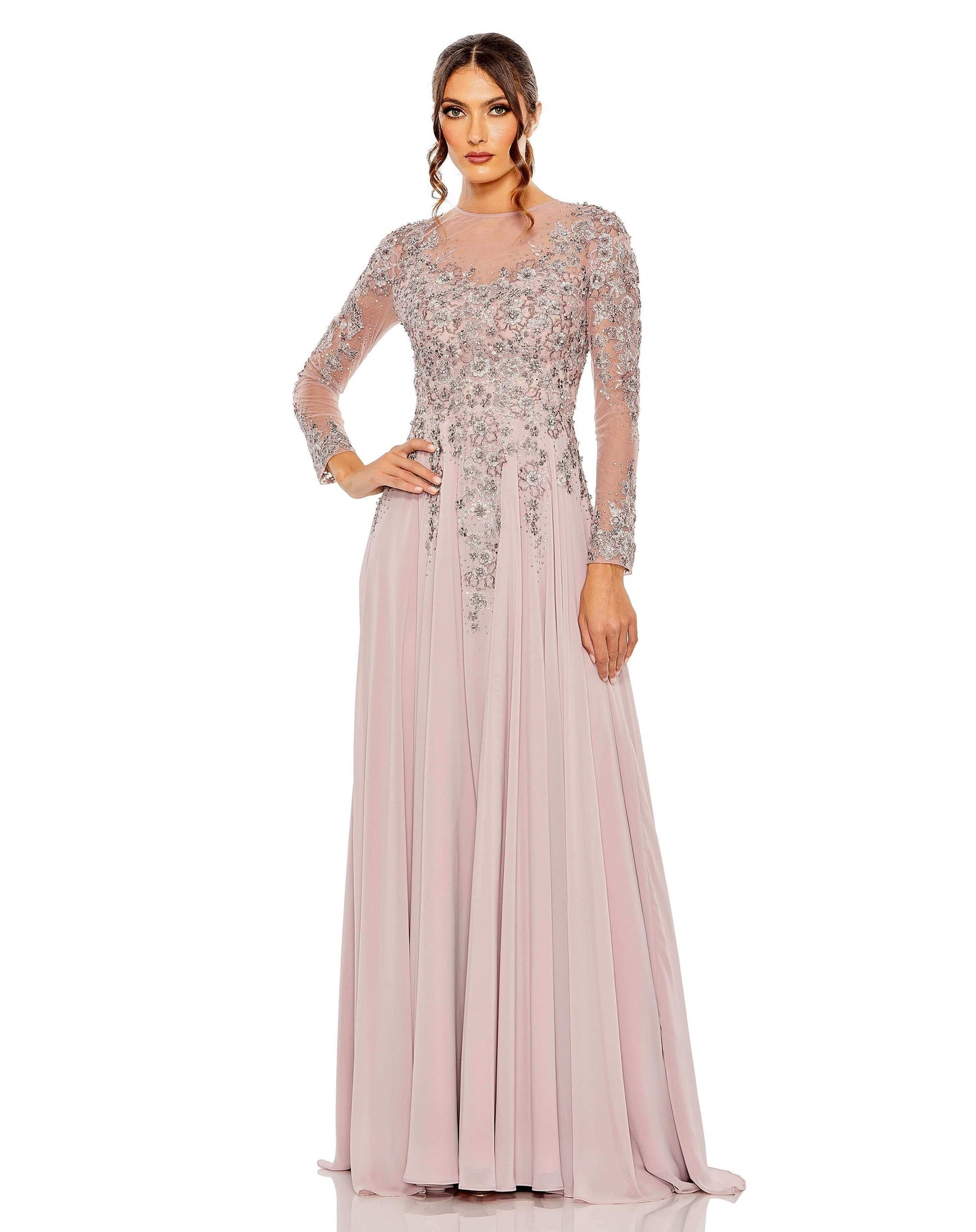 Mac Duggal Style#20478, High Neck Mesh Long Sleeve Embellished A Line Gown, A line,Floor Length,long sleeve,Newest Arrivals, $950.00