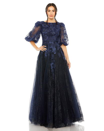 High Neck Puff Sleeve A Line Gown