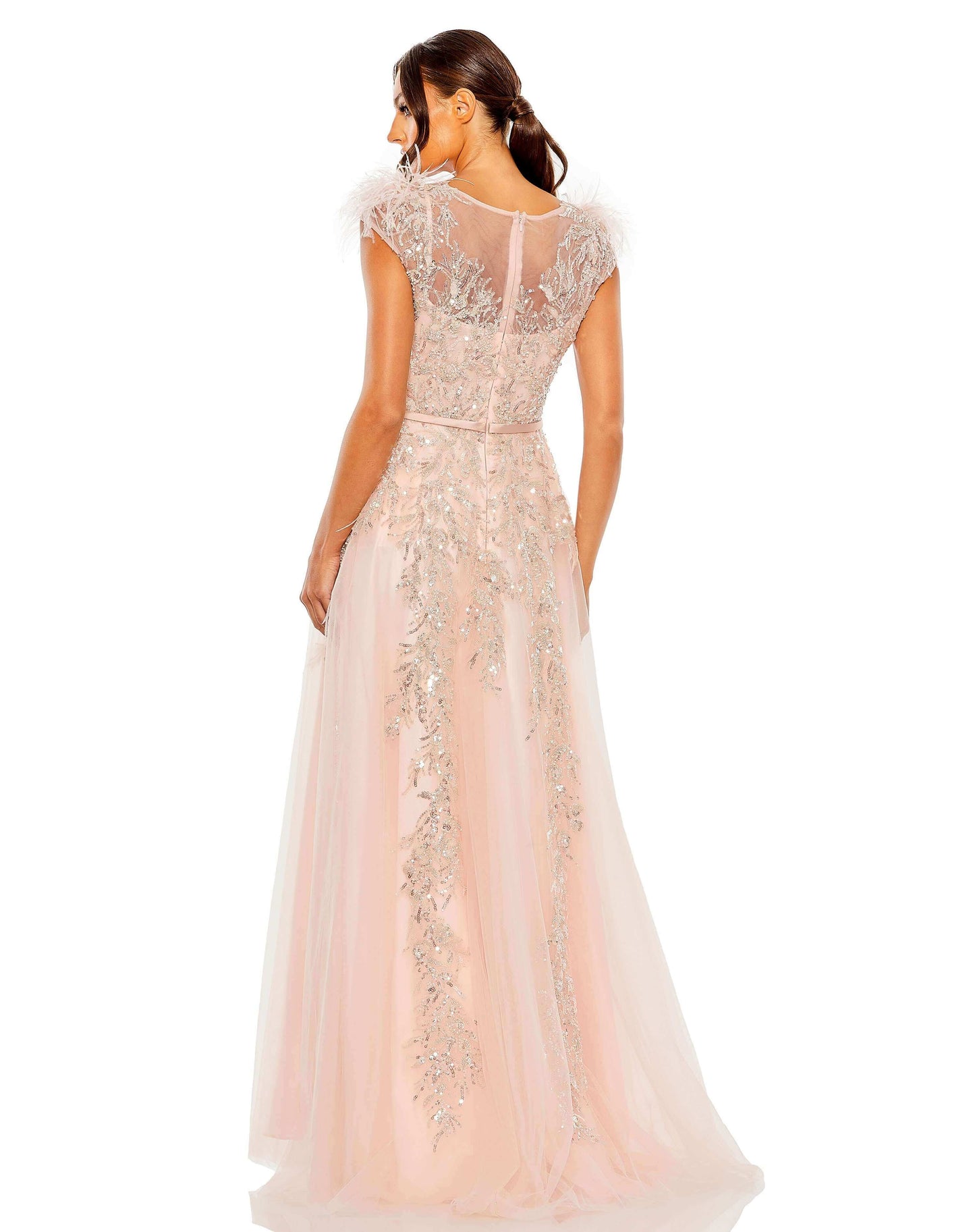 Mac Duggal Style#20520, High Neckline Feather Detail Beaded Gown, A line,beaded,Cap Sleeve,Floor Length,Mommy&Me,Newest Arrivals,Sequin, $1150.00