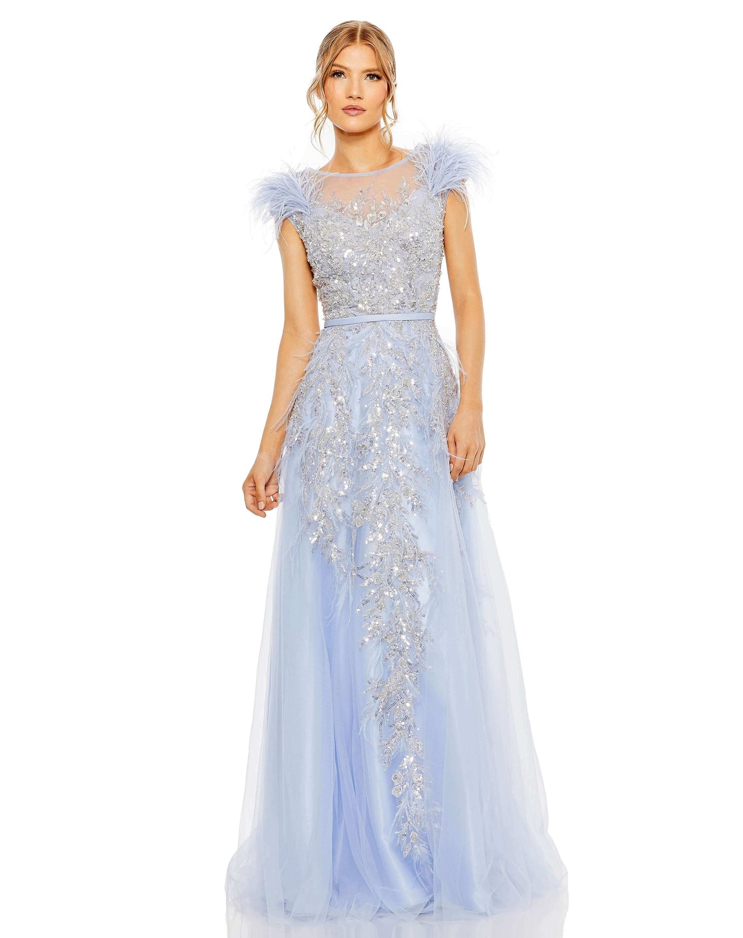 Mac Duggal Style#20520, High Neckline Feather Detail Beaded Gown, A line,beaded,Cap Sleeve,Floor Length,Mommy&Me,Newest Arrivals,Sequin, $1150.00