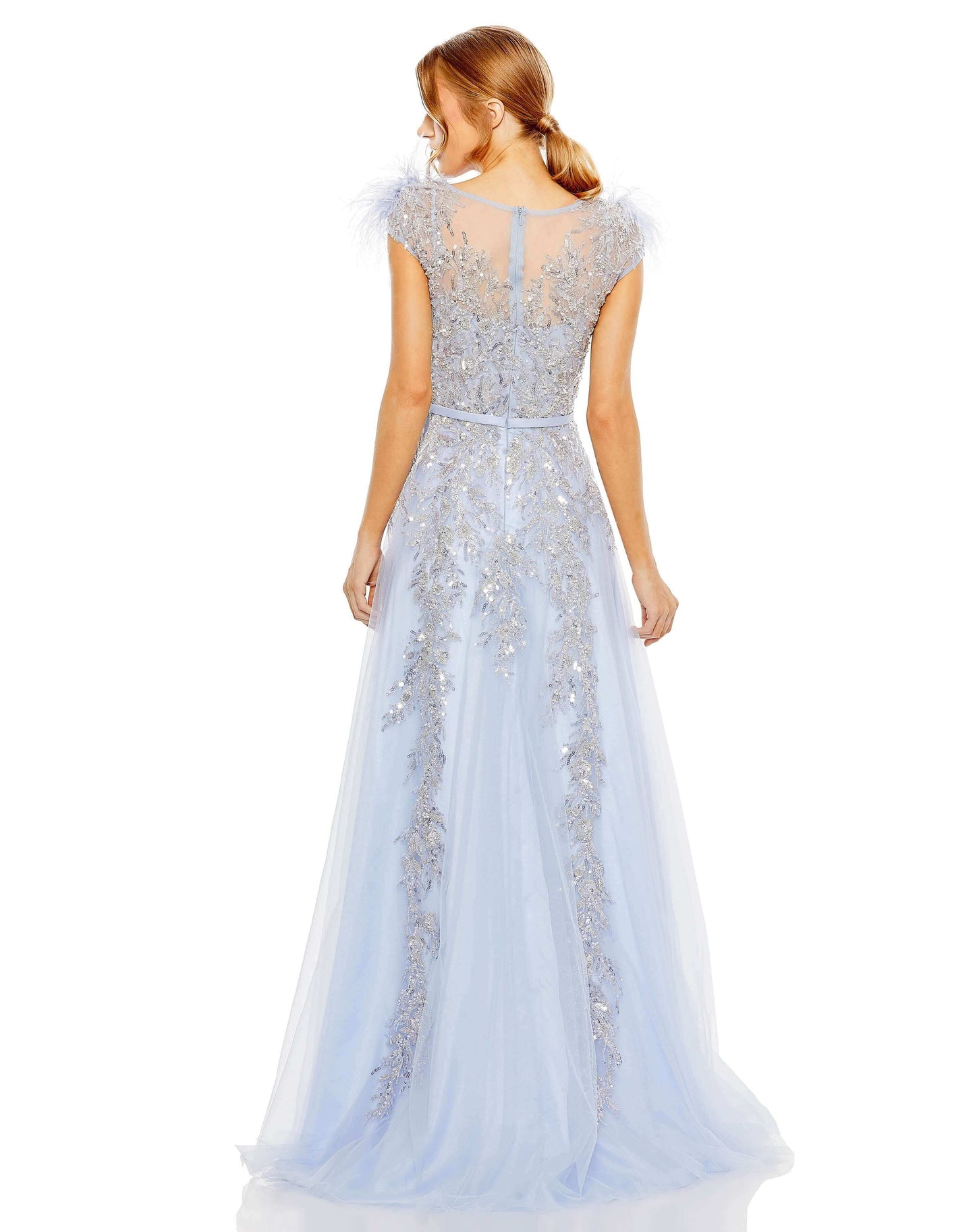 Mac Duggal Style#20520, High Neckline Feather Detail Beaded Gown, A line,beaded,Cap Sleeve,Floor Length,Mommy&Me,Newest Arrivals,Sequin, $1150.00