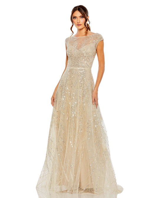 Cap Sleeve High Neck Embellished A Line Gown