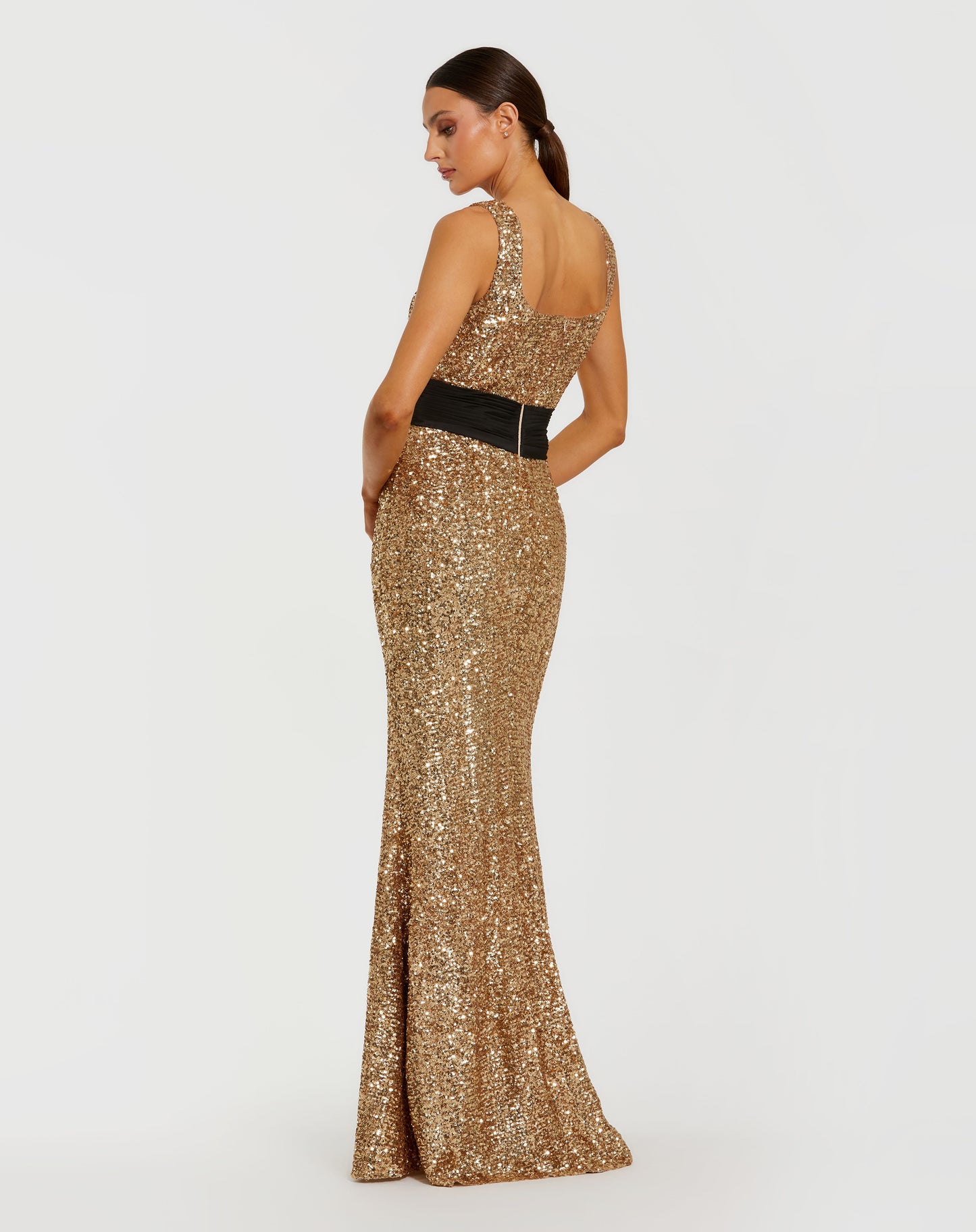 Gold Sequin Square Neck Column Gown With Faille Bow
