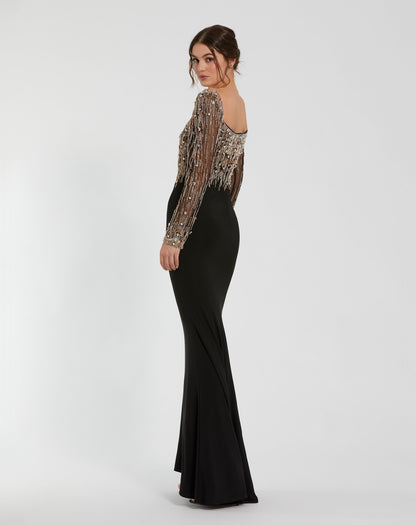 Beaded Square Neck Long Sleeve Jersey Gown