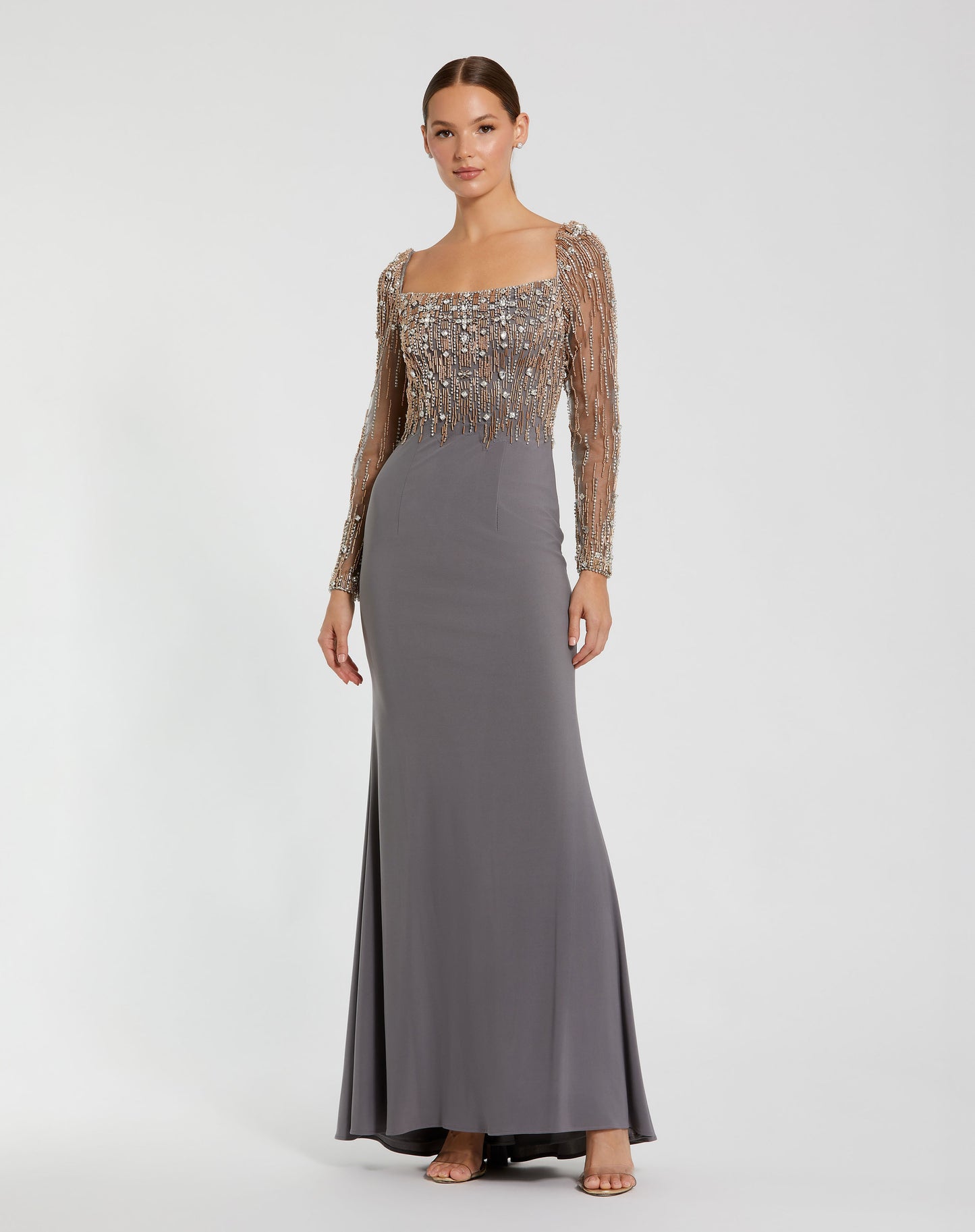 Beaded Square Neck Long Sleeve Jersey Gown