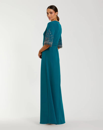 Crepe A Line Gown With Beaded 3/4 Sleeves