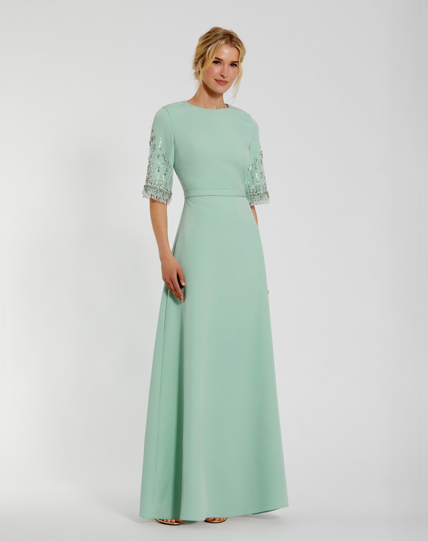 Crepe A Line Gown With Beaded 3/4 Sleeves