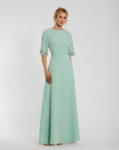 Crepe A Line Gown With Beaded 3/4 Sleeves