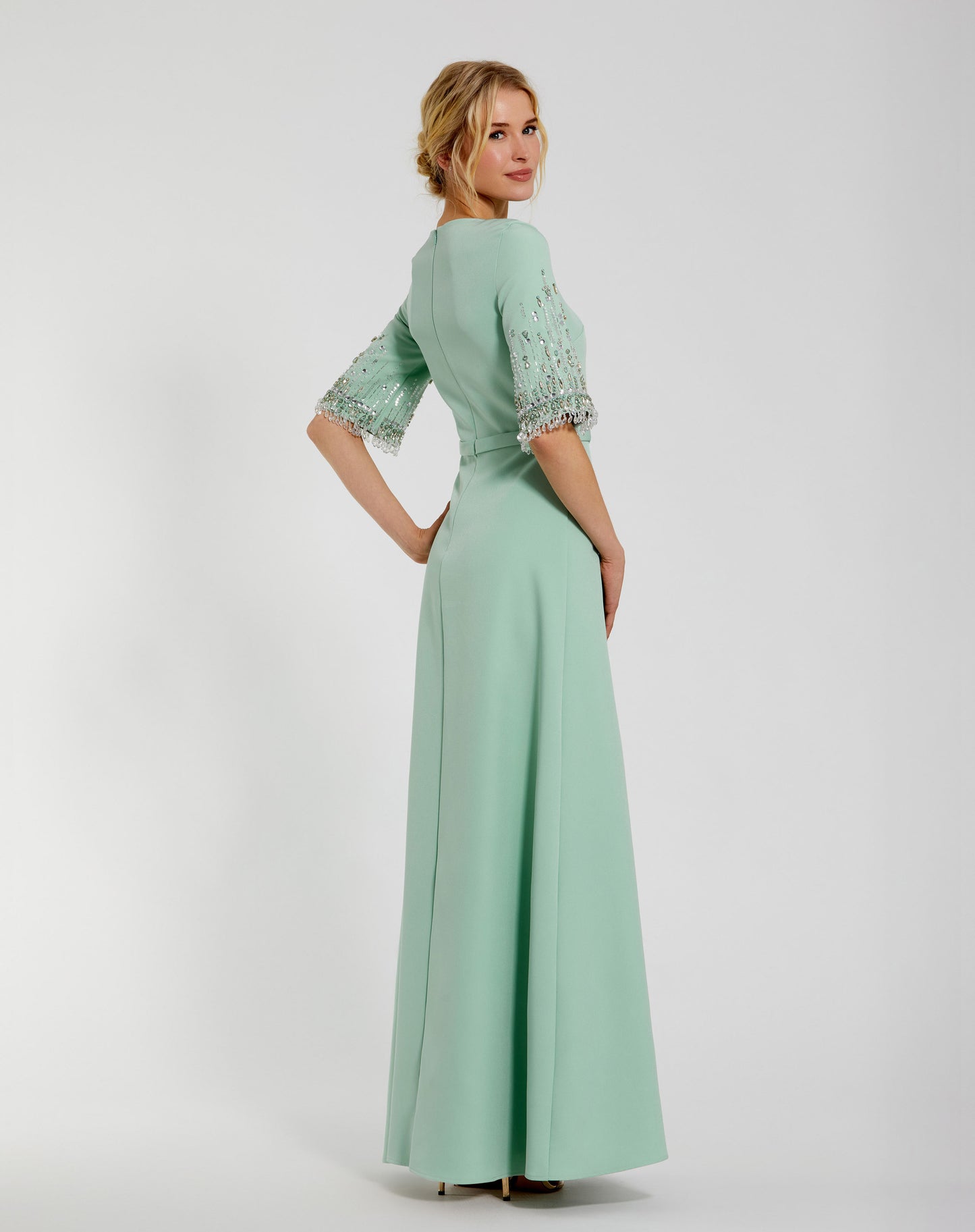 Crepe A Line Gown With Beaded 3/4 Sleeves