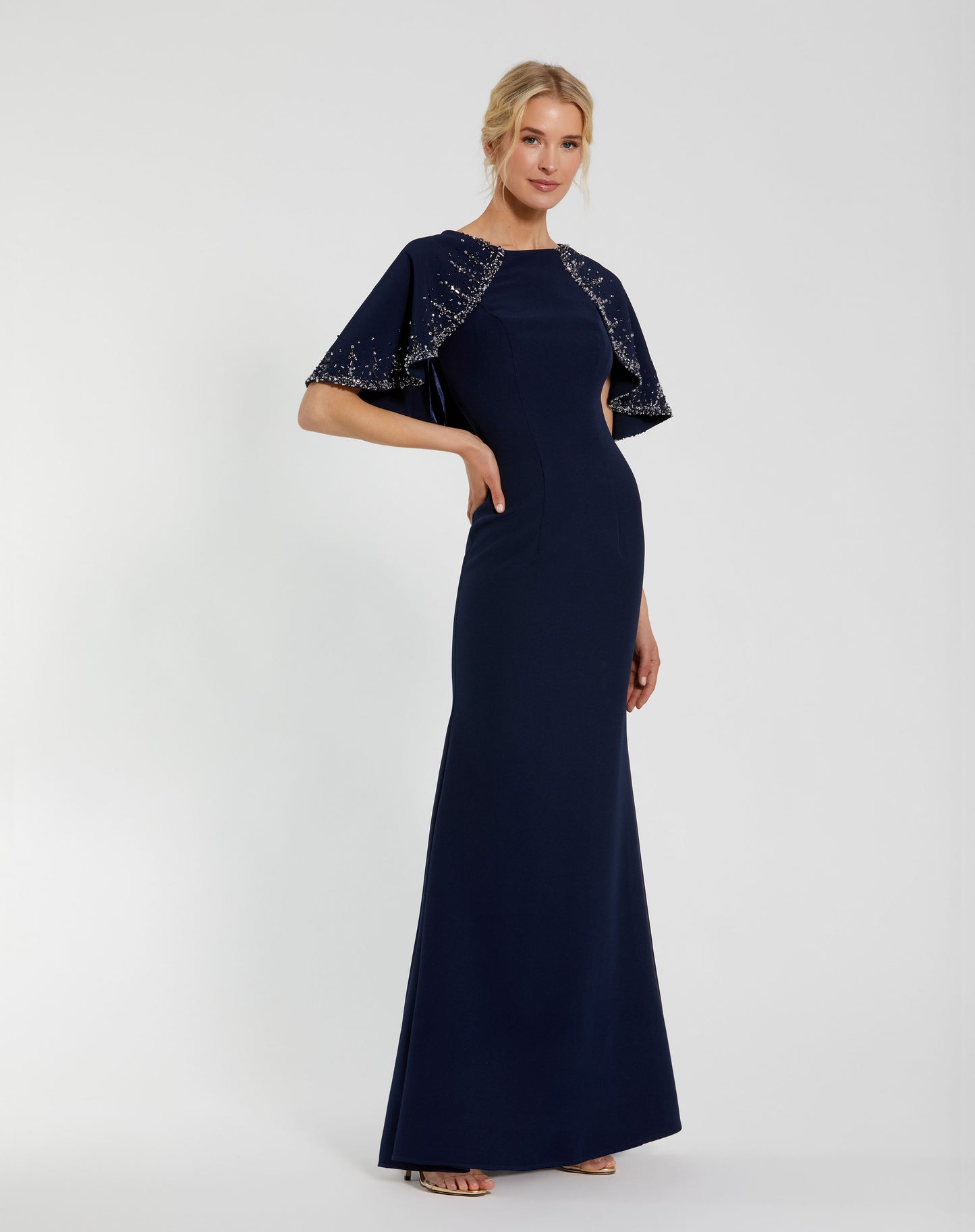 Crepe High Neck Fitted Gown With Beaded Shawl