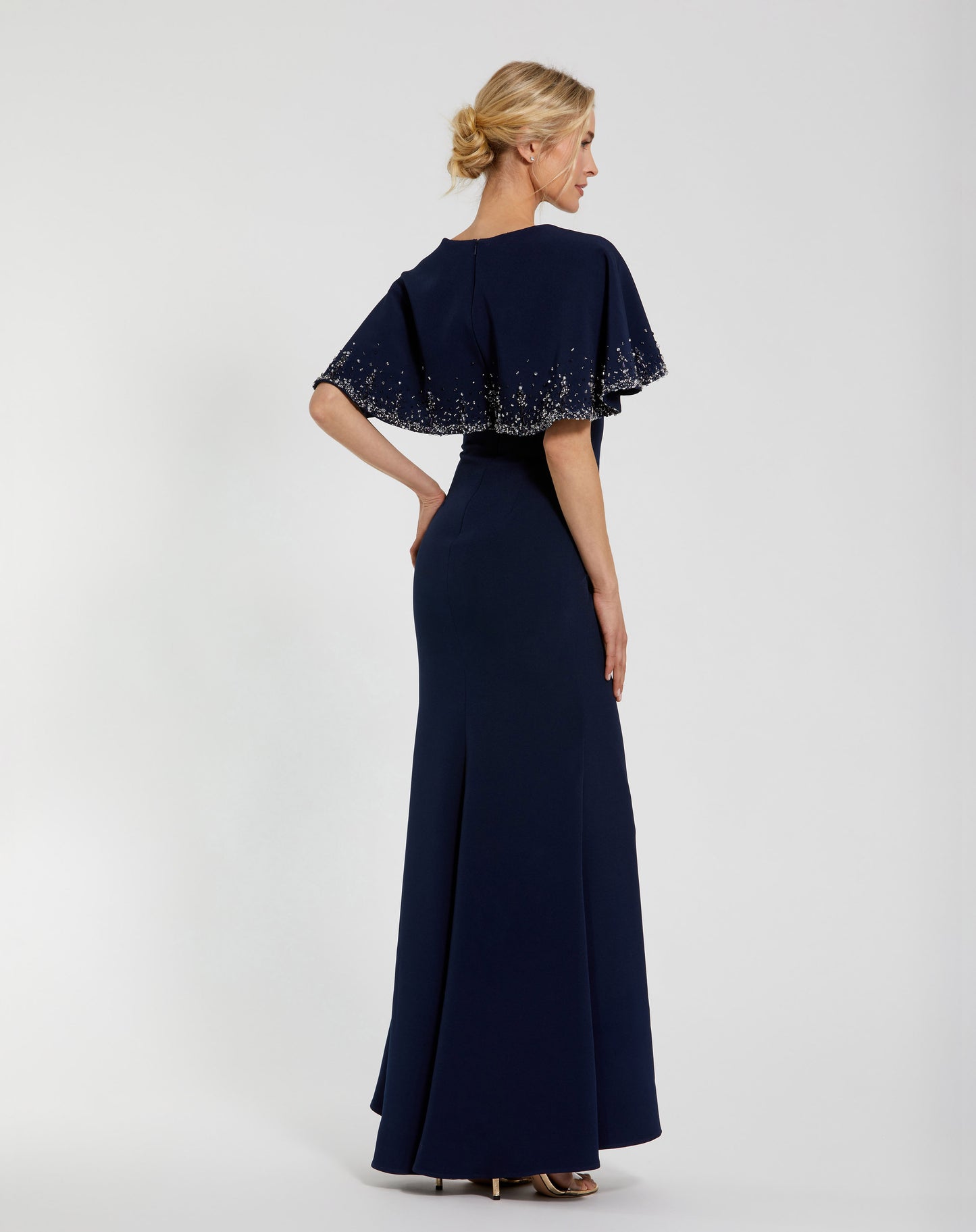 Crepe High Neck Fitted Gown With Beaded Shawl